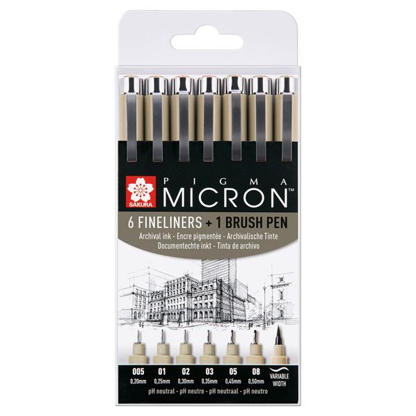 Pigma Micron - 6 stylos fineliners + 1 pinceau