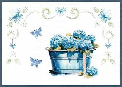 Papier Push out - Blue Meadow - fontaine et hortensia