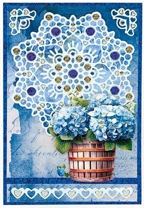 Papier Push out - Blue Meadow - fontaine et hortensia