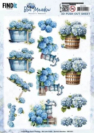 Papier Push out - Blue Meadow - fontaine et hortensia