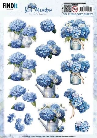Papier Push out - Blue Meadow - hortensia et arrosoir