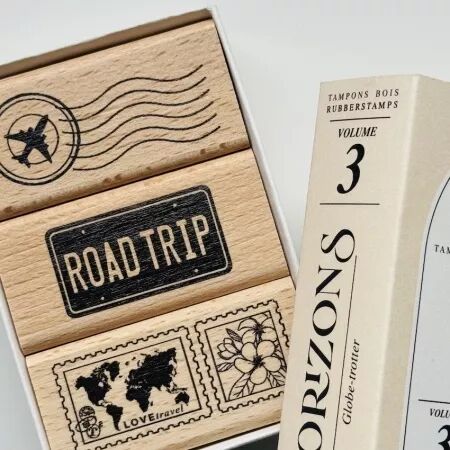 Set 3 tampons bois GLOBE-TROTTER - Horizons - Floril&egrave;ges Design
