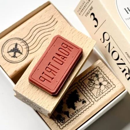Set 3 tampons bois GLOBE-TROTTER - Horizons - Floril&egrave;ges Design
