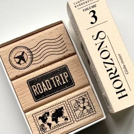 Set 3 tampons bois GLOBE-TROTTER - Horizons - Floril&egrave;ges Design